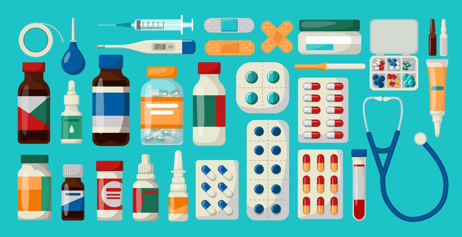 Medizin, Apothekenkonzept. Medizinische Flaschen, Tuben und Tabletten. vektor