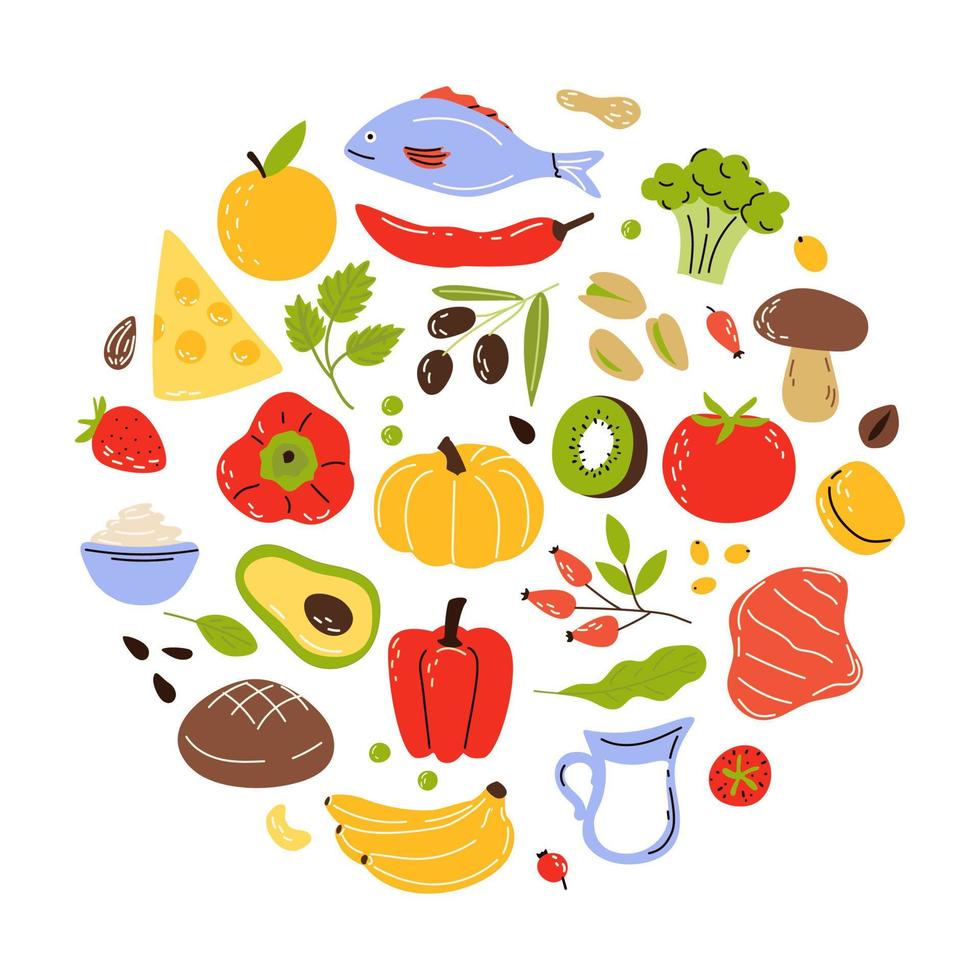 eine reihe von produkten im kreis, gesundes essen. Obst, Gemüse und Nüsse. flache vektorillustration der karikatur lokalisiert auf weißem hintergrund. vektor