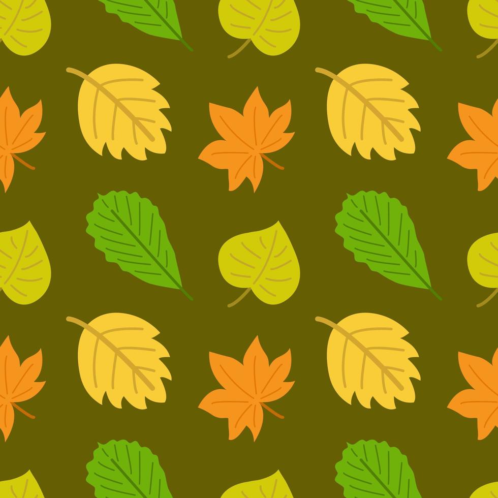 Nahtloses Muster mit bunten Herbstblättern. Herbst Hintergrund. Birke, Ahorn und Eiche. gelbe, grüne und orangefarbene Farben. Druck für Stoffe, Tapeten, Textilien, Geschenkverpackungen und Kleidung. endloses Design vektor