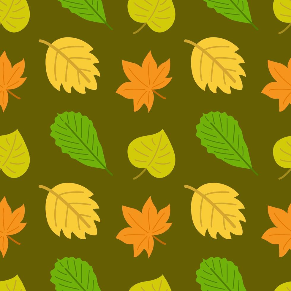 seamless mönster med färgglada höstlöv. hösten bakgrund. björk, lönn och ek. gula, gröna och orangea färger. tryck för tyg, tapeter, textil, presentpapper och kläder. oändlig design vektor