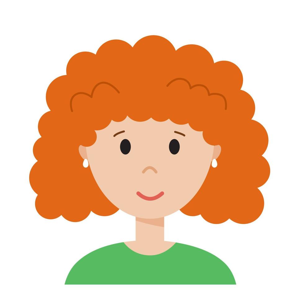 lustiges Cartoon-Frauengesicht, süßer Avatar oder Porträt. Mädchen mit orangefarbenem lockigem Haar. junger charakter für web im flachen stil. Drucken für Aufkleber, Emoji, Symbol. minimalistisches Gesicht, Vektorillustration vektor