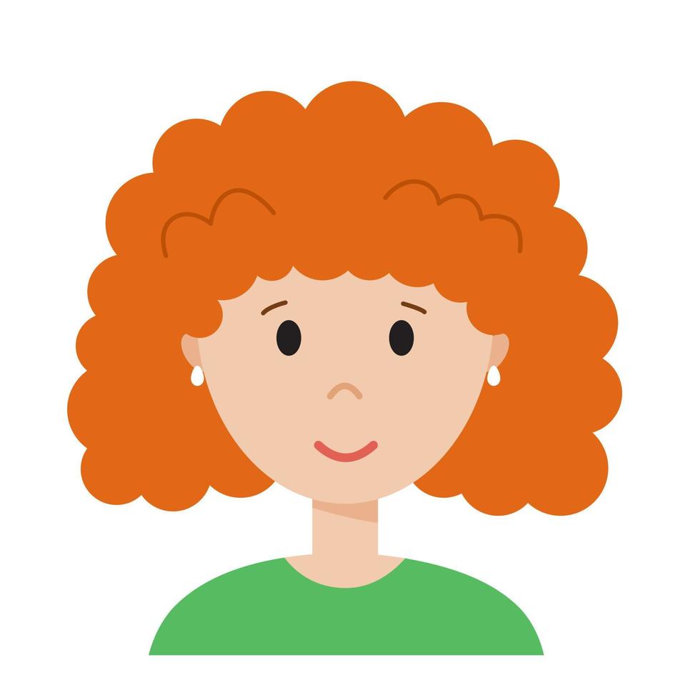 rolig tecknad kvinna ansikte, söt avatar eller porträtt. flicka med orange lockigt hår. ung karaktär för webben i platt stil. tryck för klistermärke, emoji, ikon. minimalistiskt ansikte, vektorillustration vektor