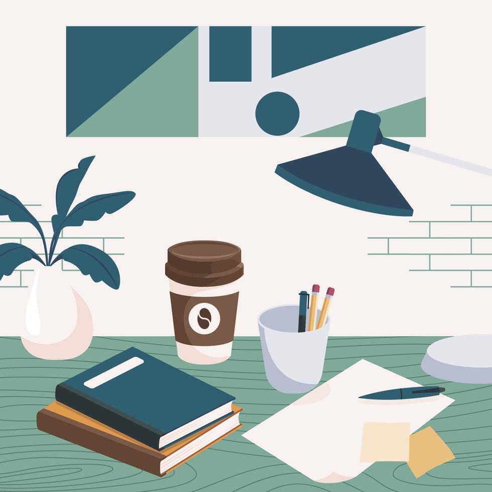 Schreibtisch mit Hauptbuch, leerem Papier, Kugelschreiber, Bleistift und Kaffeetasse. Vorbereitung auf den Arbeitsbeginn. flache Design-Vektor-Illustration vektor