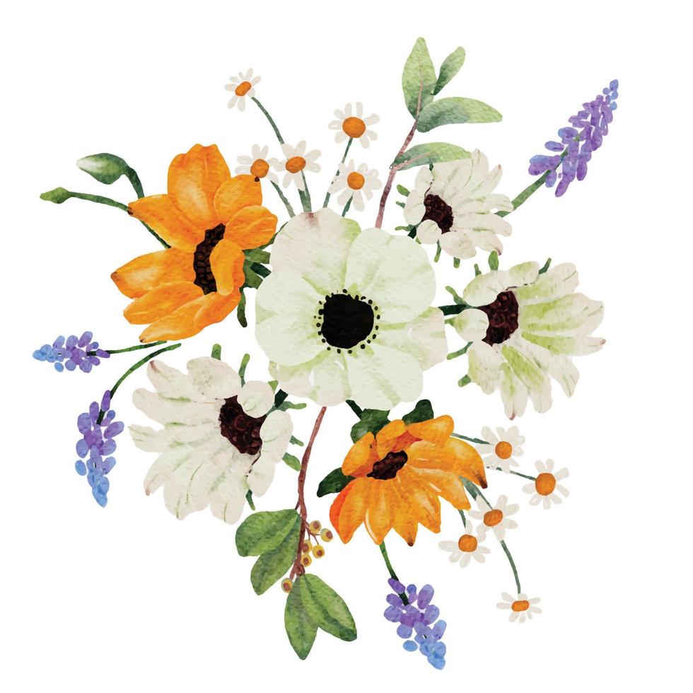 akvarell solros och vitsippor blomma bukett element samling vektor