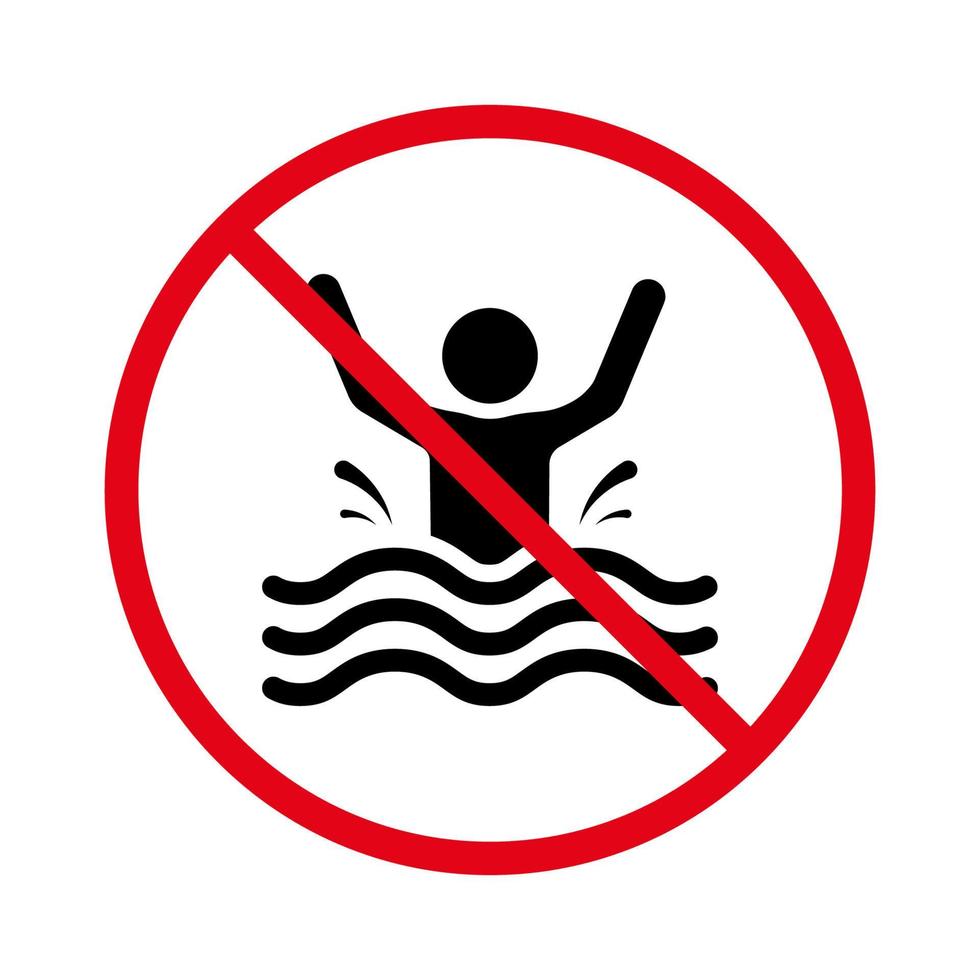försiktighet drunknar man svart siluett ikon. varning ej tillåtet dyksim. varning räddning sjunker i vatten röd stoppsymbol. uppmärksamhet förbjuda simning zon. riskera livet ikon. isolerade vektor illustration.