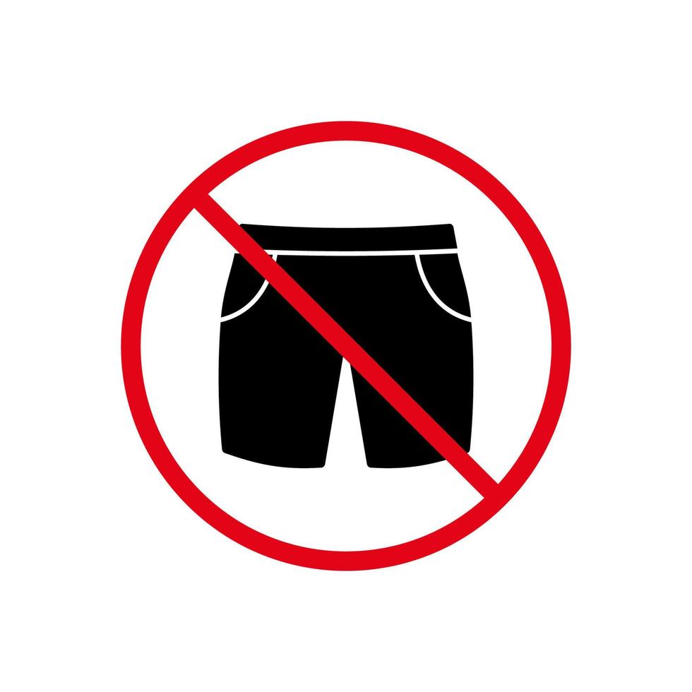 Verbot Männer Bermuda Sommer kurze schwarze Silhouette Symbol. kurzes Piktogramm für Sportjeansjungen verbieten. kein kleidungsstopp rotes schild. FKK-Strand-Symbol. männliche Badehose Boxer verbieten. isolierte Vektorillustration. vektor