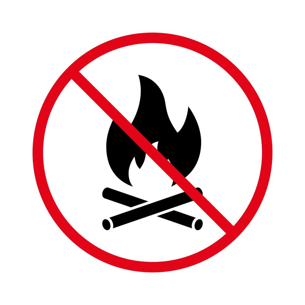 Lagerfeuer brennen Flamme Verbot schwarze Silhouette Symbol. warnung verboten gefahr lagerfeuer piktogramm. Verbotenes Nachtholz-Lagerfeuer-Stopp-Symbol. kein Zeichen für heißes, warmes Brennholz erlaubt. isolierte Vektorillustration. vektor