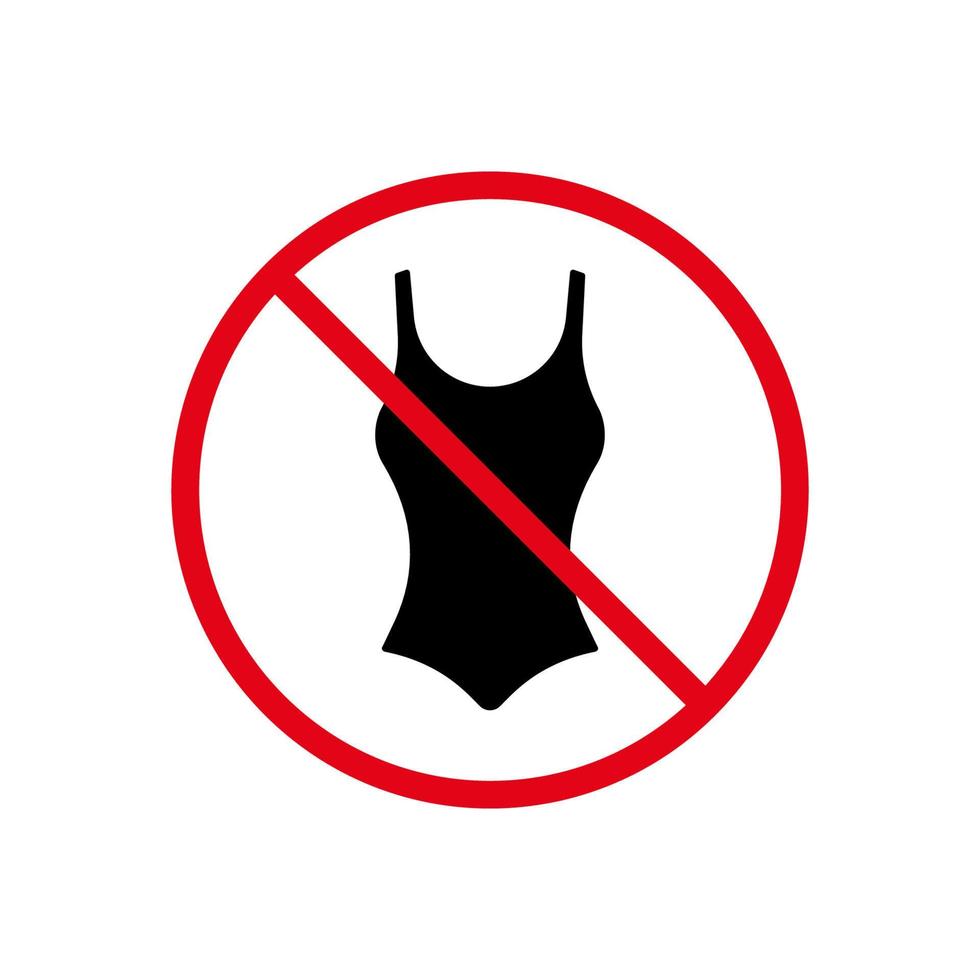 förbud flicka sommar badkläder svart siluett ikon. förbjudet piktogram. inga kvinnor ett stycke bikini baddräkt röd stopp cirkel symbol. naken strand tecken. förbjuda badkläder. isolerade vektor illustration.