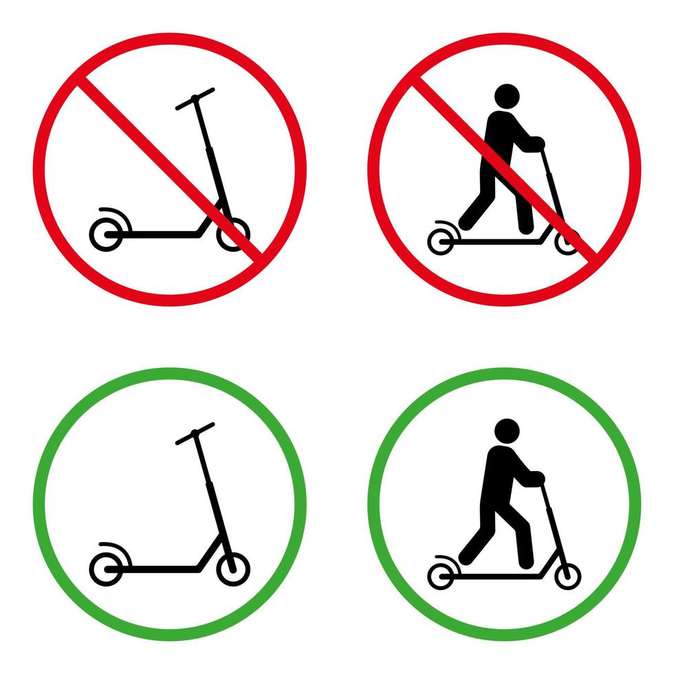 man på sparkskoter förbjudet piktogram. tillåta person på trotinette grön cirkel symbol. skylt för tillåtet tryckhjul. post med eco transport svart siluett Ikonuppsättning. isolerade vektor illustration.