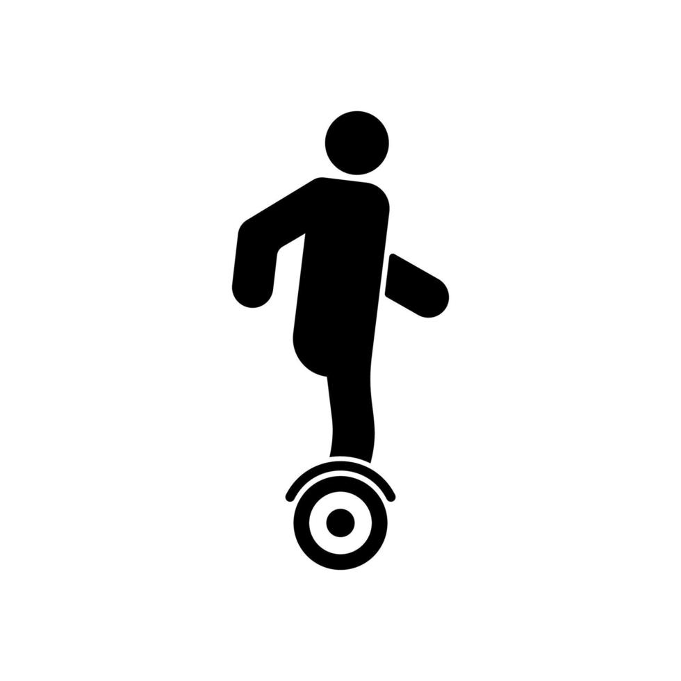 Mann auf Hoverboard schwarze Silhouette Symbol. Person fährt elektrisches Gyroscooter-Glyphen-Piktogramm. gyro scooter moderner transport auf stromkraft flaches symbol. isolierte Vektorillustration. vektor