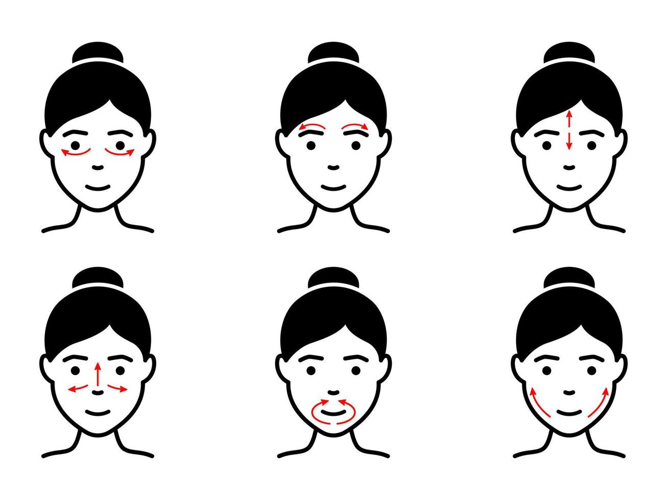 Technik der Gesichtsmassage Silhouette Symbol. Anti-Aging-Selbstgesichtsmassage mit Pfeilpiktogramm. Schönheitsbehandlung für Mädchen, schwarzes Symbol für Hautpflegeverfahren. isolierte Vektorillustration. vektor