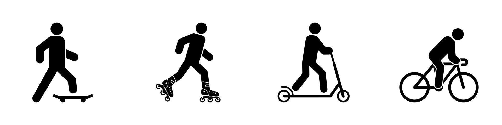 Mann auf Skateboard Tretroller Fahrrad Rollerskate schwarze Silhouette Symbolsatz. person mieten rollschuh skateboard fahrrad glyph piktogramm. aktives Transport-Flachsymbol. isolierte Vektorillustration. vektor