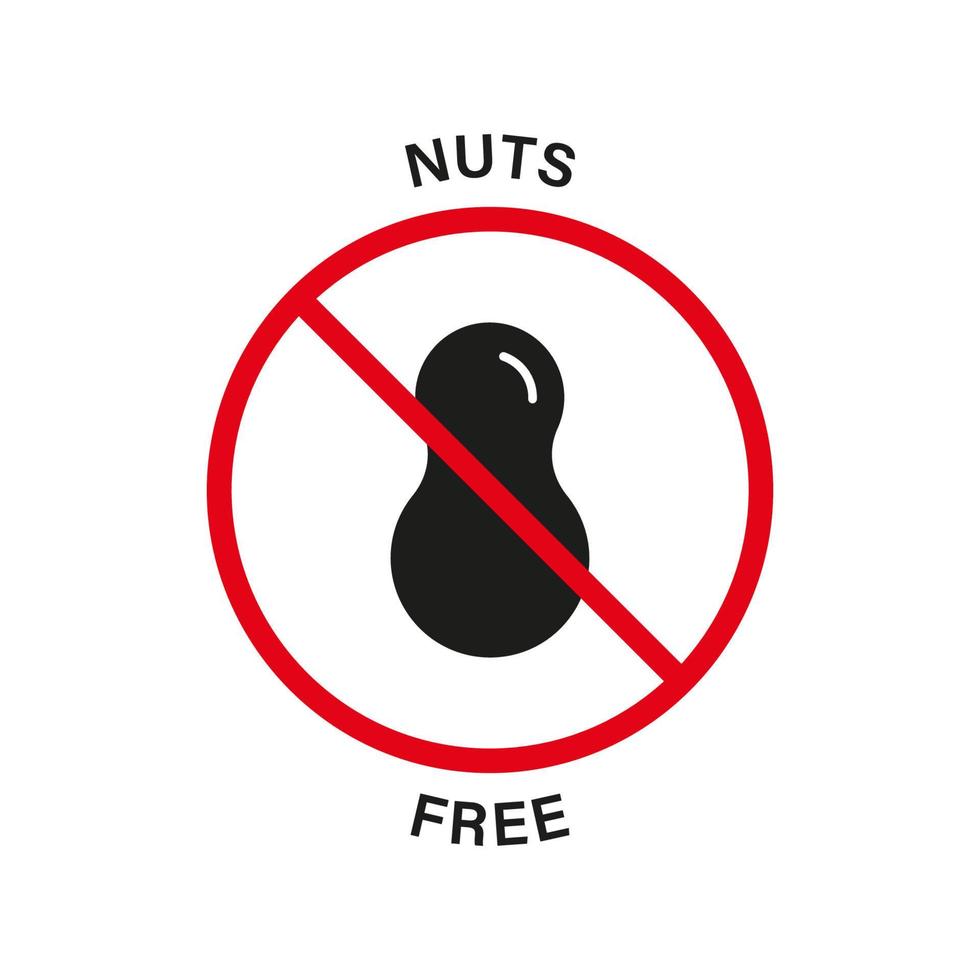 nötfri siluett svart ikon. nötter produkt röd stoppskylt. jordnötter förbjudna symbol. förbjud matallergi på jordnötslogotypen. ingen innehåller jordnötsetikett. undvik nötter i maten. isolerade vektor illustration.