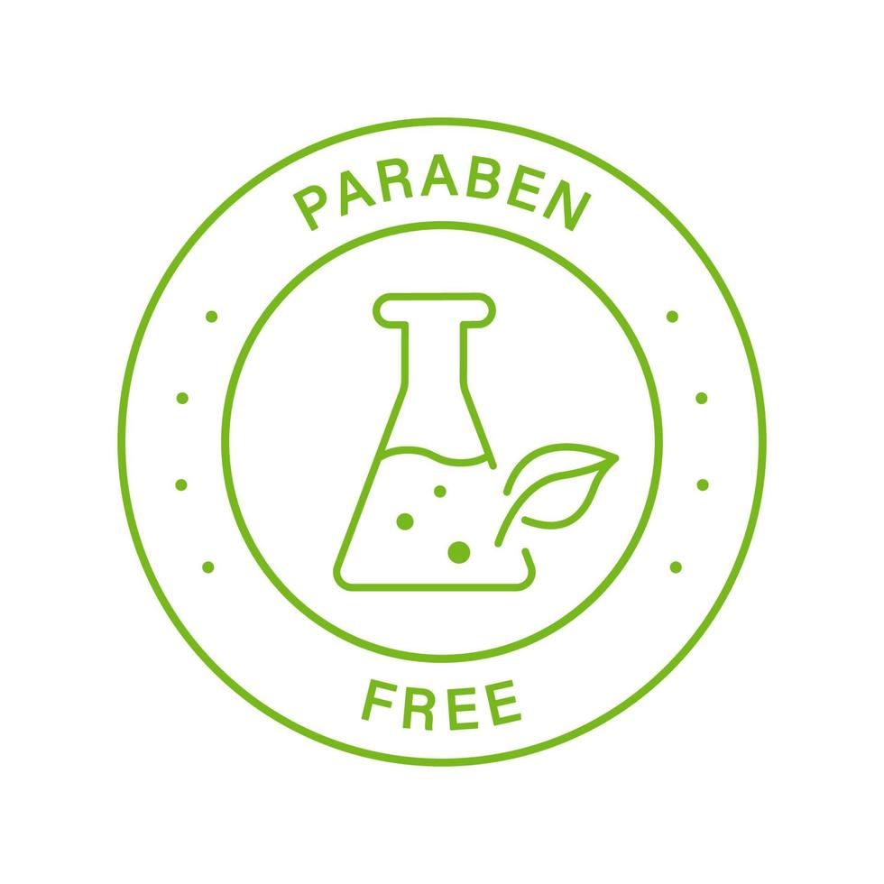 paraben kemikaliefri grön cirkel stämpel. inget konserveringsmedel, säkerhetsbioproduktlinjeikon. gratis eko ekologisk kosmetisk etikett i plast. kvalitetsmat symbol. logotyp utan parabener. isolerade vektor illustration.