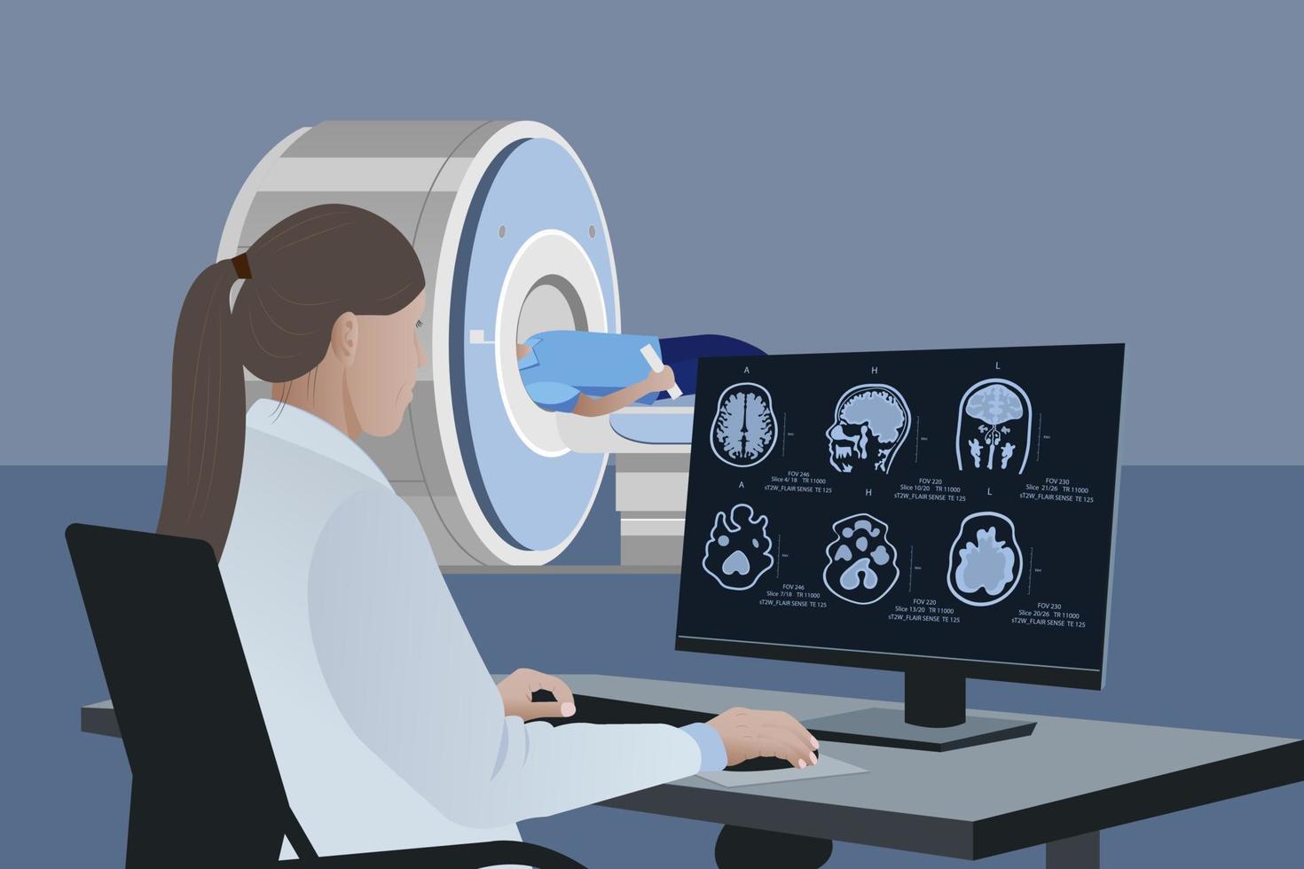 ein radiologe analysiert die ergebnisse der mrt des gehirns eines patienten auf einem computermonitor. Diagnose von Erkrankungen des Gehirns bei einem Arzt, der die Magnetresonanztomographie untersucht. vektor