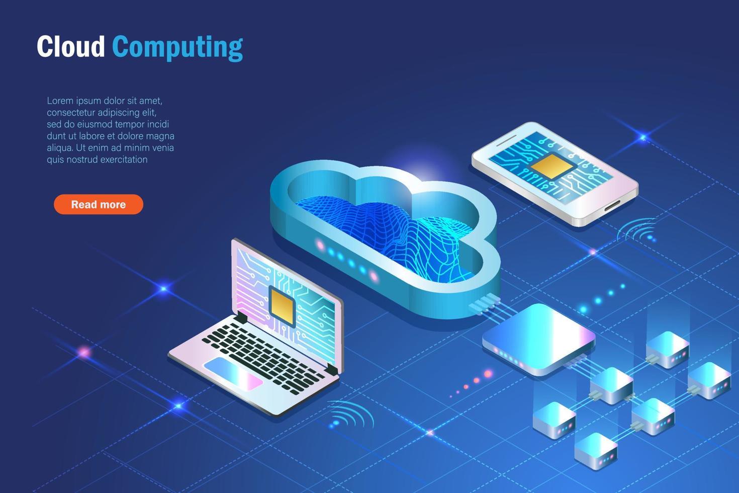 Cloud-Computing-Server online mit Smartphone und Computer verbinden. digitaler Cloud-Speicherdienst mit Datenübertragung, Netzwerkverbindungstechnologie. futuristischer hintergrund der intelligenzdatenspeicherung. vektor