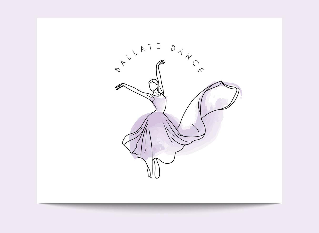 hand gezeichnete minimale linie kunst balletttänzerin mit lila aquarellkleid logo vorlage oder illustration für tanzschule tanzklasse tanzstudio vektor