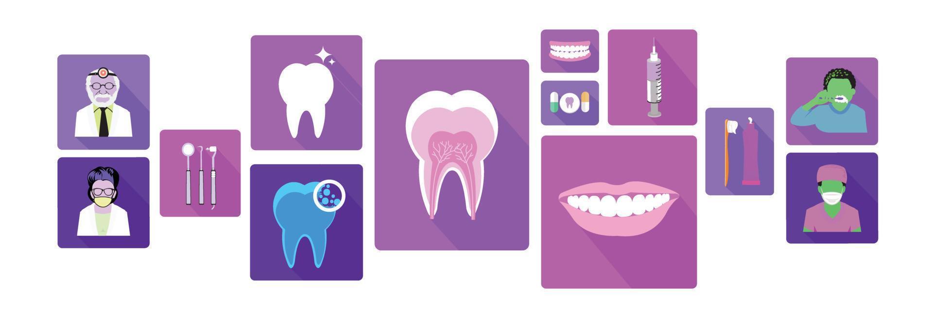 banner av moderna färg dentala ikoner set med lång skuggeffekt vektor