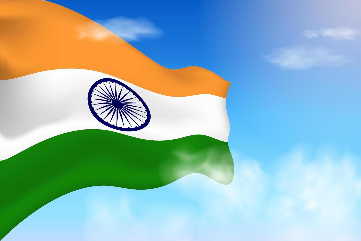 Indien-Flagge in den Wolken. Vektorfahne weht am Himmel. nationaltag realistische flaggenillustration. Vektor des blauen Himmels.