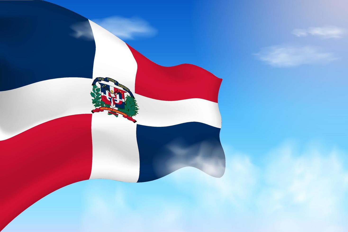 Dominikanska republikens flagga i molnen. vektor flagga vajar på himlen. nationaldagen realistisk flagga illustration. blå himmel vektor.