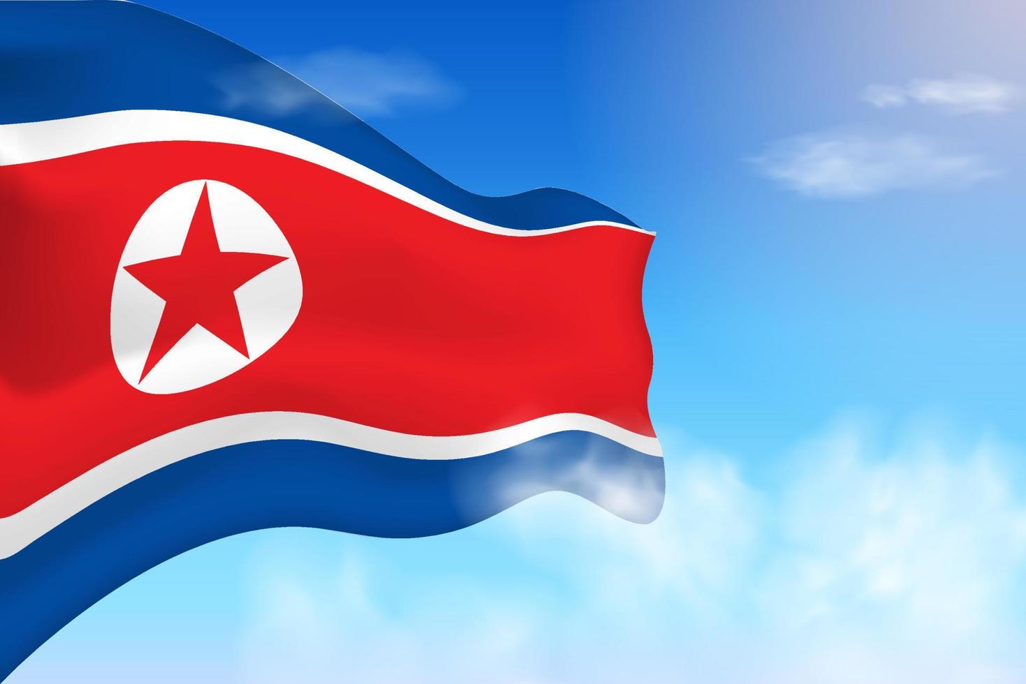 Nordkorea-Flagge in den Wolken. Vektorfahne weht am Himmel. nationaltag realistische flaggenillustration. Vektor des blauen Himmels.