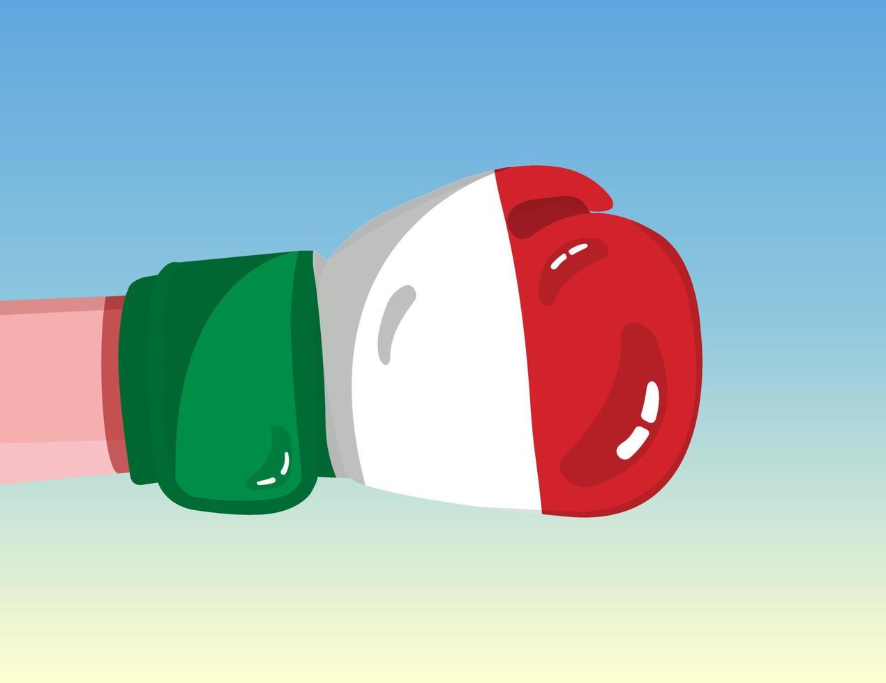 Italiens flagga på boxningshandske. konfrontation mellan länder med konkurrenskraft. kränkande attityd. maktdelning. mall redo design. vektor