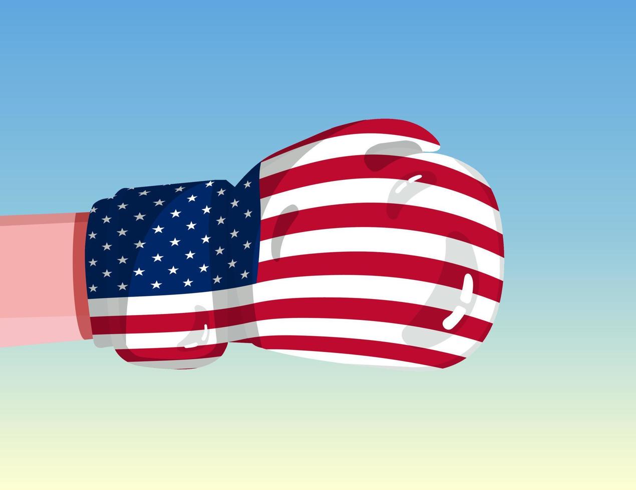 Flagge der Vereinigten Staaten auf Boxhandschuh. Konfrontation zwischen Ländern mit Wettbewerbsmacht. beleidigende Haltung. Gewaltenteilung. vorlagenfertiges Design. vektor