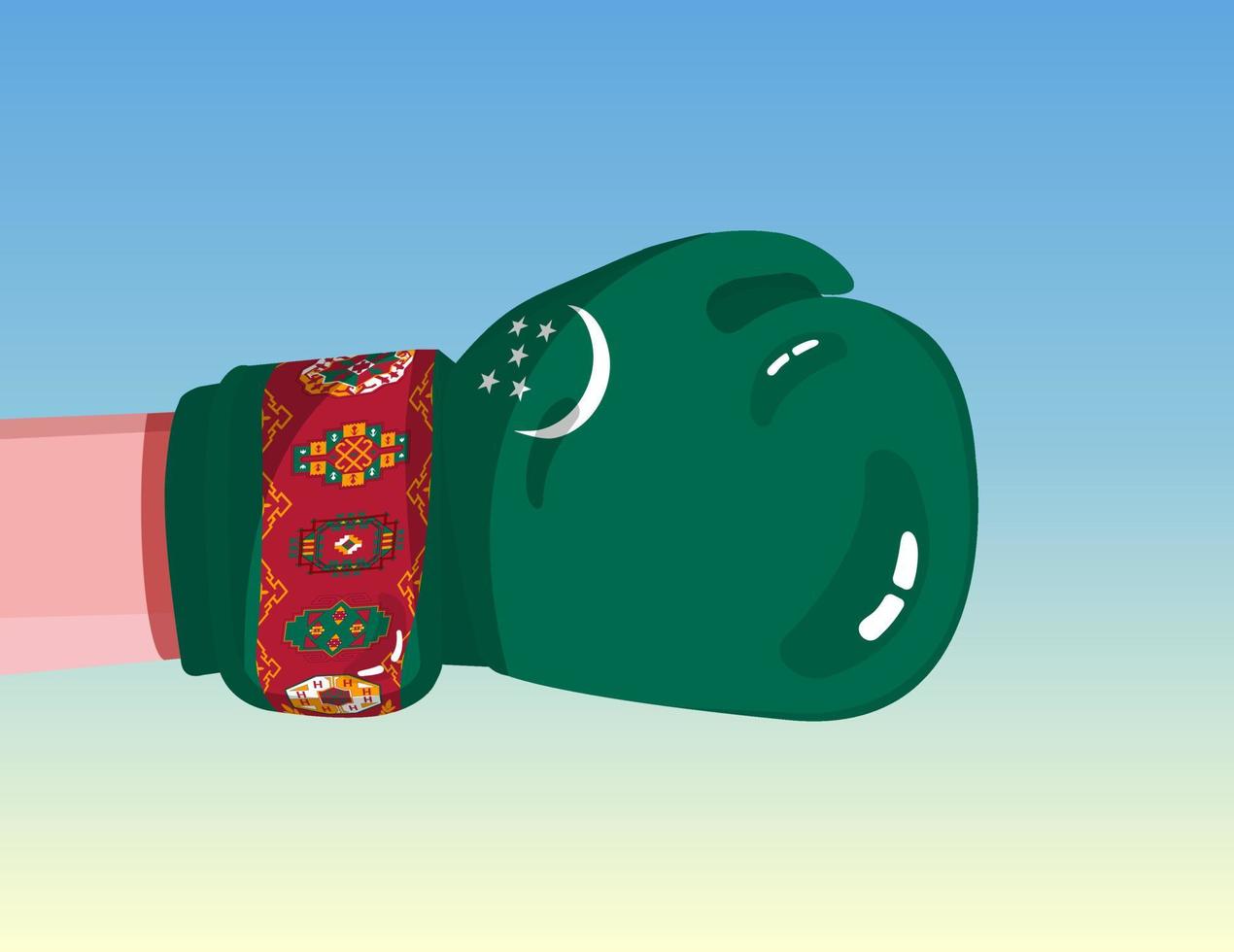 Flagge Turkmenistans auf Boxhandschuh. Konfrontation zwischen Ländern mit Wettbewerbsmacht. beleidigende Haltung. Gewaltenteilung. vorlagenfertiges Design. vektor