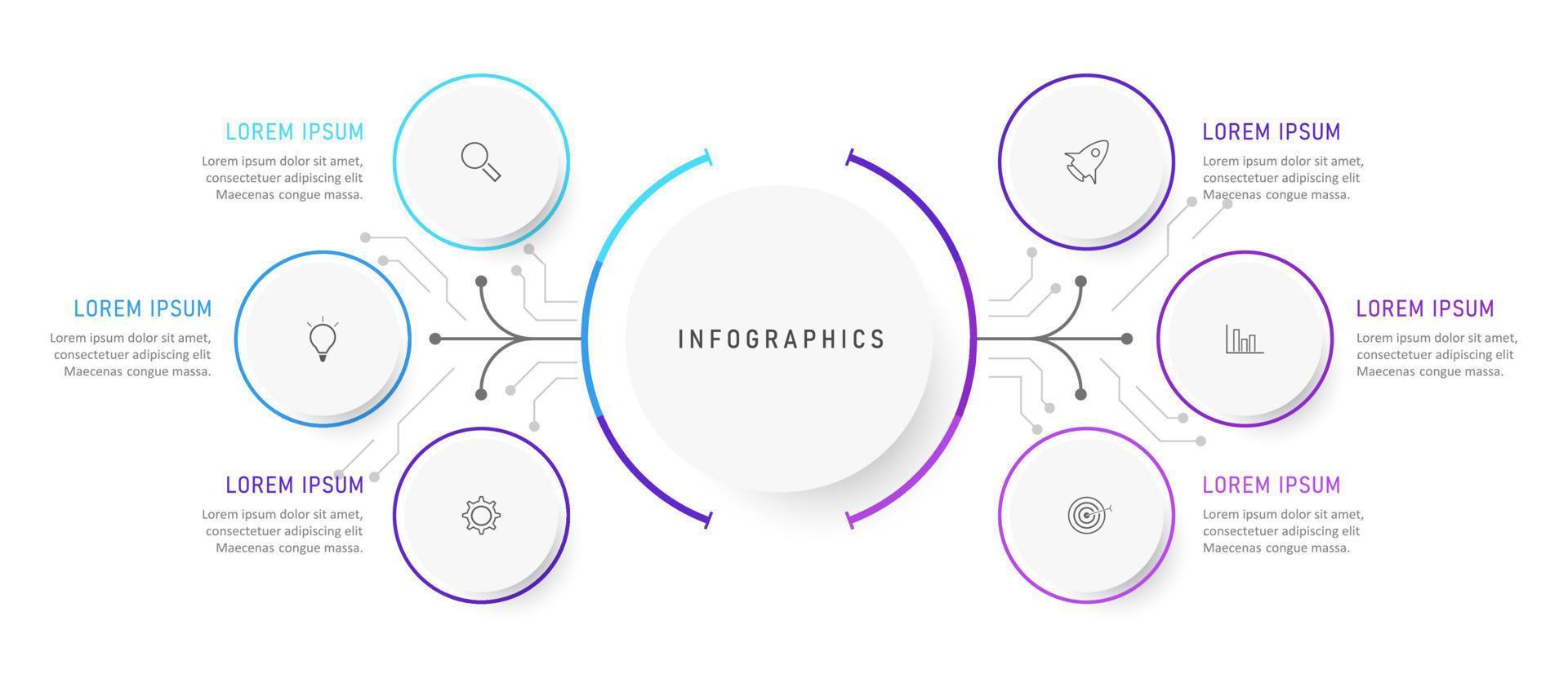 Vektor-Infografik-Etikettendesign-Vorlage mit Symbolen und 6 Optionen oder Schritten. kann für Prozessdiagramme, Präsentationen, Workflow-Layouts, Banner, Flussdiagramme und Infografiken verwendet werden. vektor