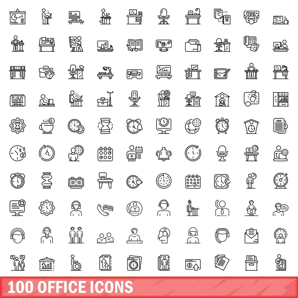 100 Office-Icons gesetzt, Umrissstil vektor