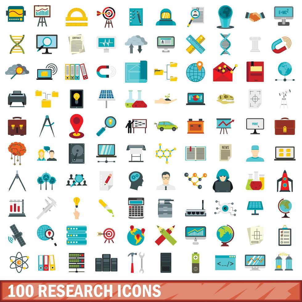 100 Forschungssymbole gesetzt, flacher Stil vektor