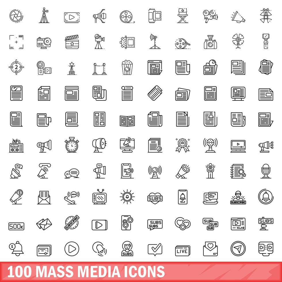 100 Massenmedien-Icons gesetzt, Umrissstil vektor