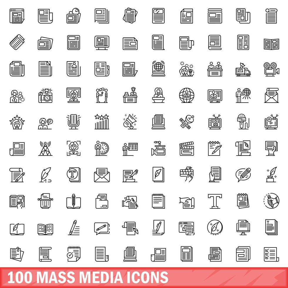 100 Massenmedien-Icons gesetzt, Umrissstil vektor