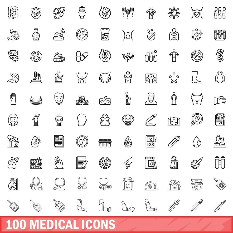 100 medicinska ikoner set, konturstil vektor