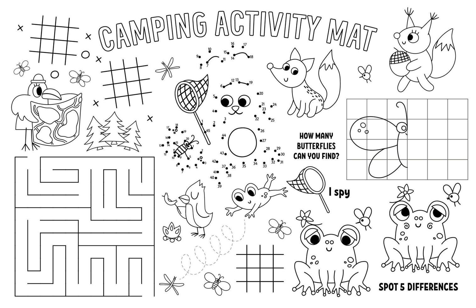 vektor camping bordstablett för barn. sommarläger utskrivbar aktivitetsmatta med labyrint, tic tac toe-diagram, koppla ihop prickarna, hitta skillnad. svartvit lekmatta eller målarbok med djur