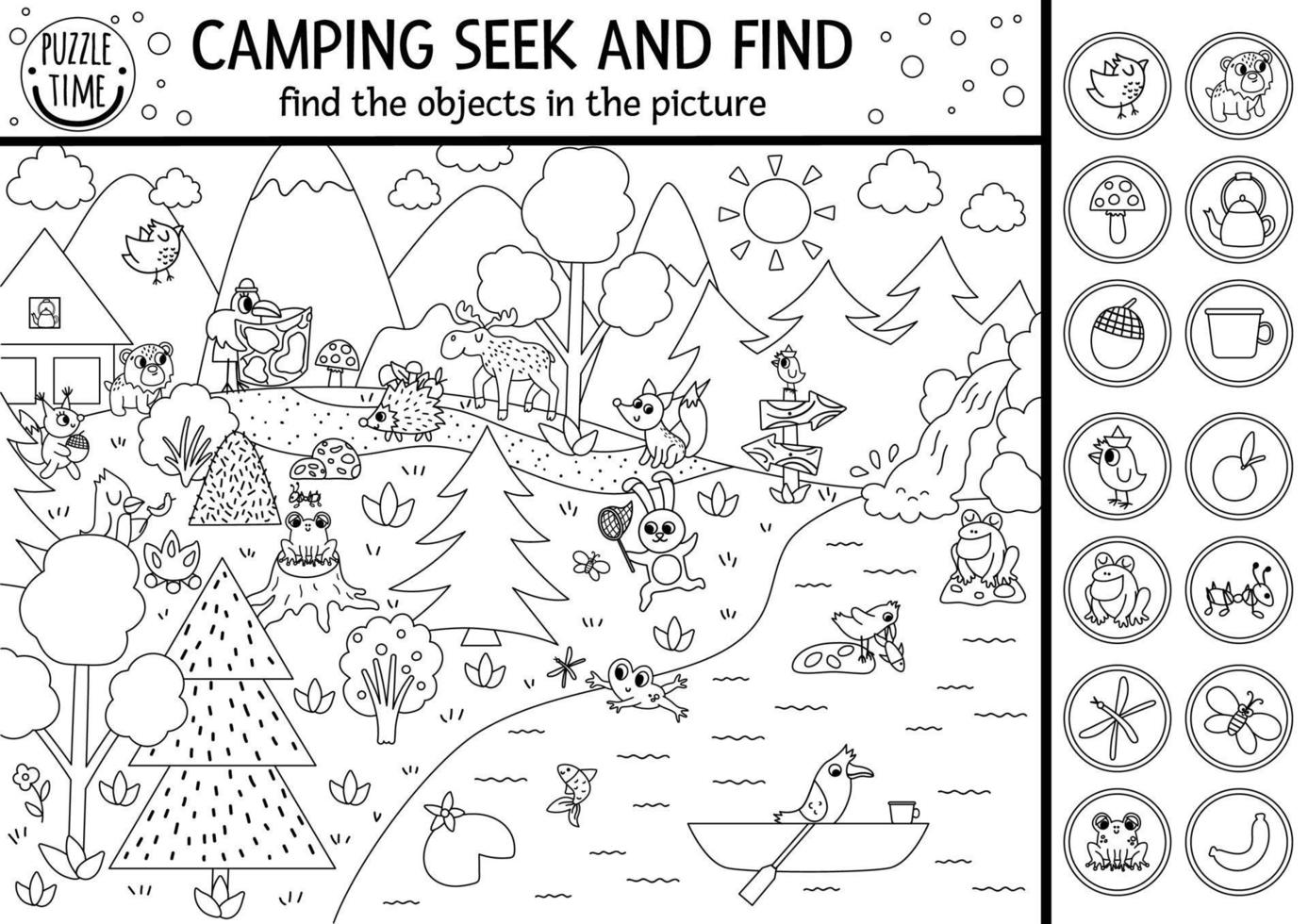 Vektor-Schwarz-Weiß-Camping-Suchspiel oder Malseite mit niedlichen Tieren im Wald. versteckte Objekte entdecken. Einfaches Suchen und Finden von Sommercamps oder druckbaren Aktivitäten im Wald vektor