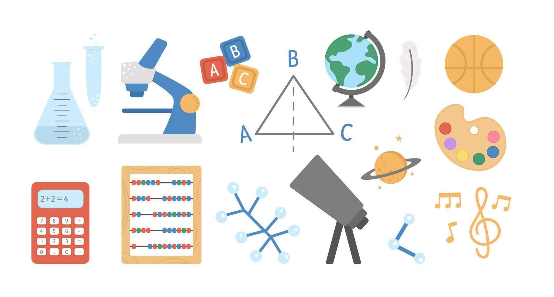 Vektor-Schulfach-Symbole. Sammlung von Klassenzeichen. zurück zu schulbildungscliparts. mathematik, literatur, chemie, astronomie klassenkonzepte vektor