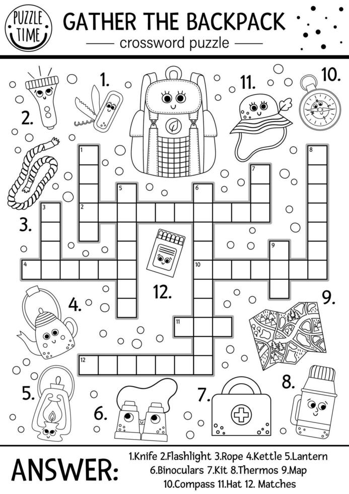 Vektor-Schwarz-Weiß-Camping-Kreuzworträtsel für Kinder. Einfaches Sommercamp-Übersichtsquiz mit Waldausrüstung. Aktivität mit Kompass, Thermoskanne, Tasche. Sammeln Sie das Kreuzworträtsel oder die Malseite des Rucksacks. vektor