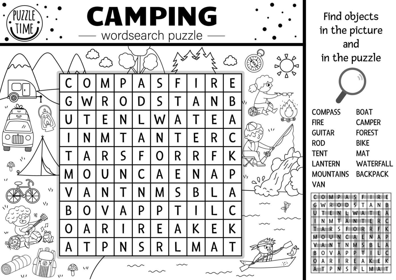 vektor svart och vit camping wordsearch pussel. enkel skog sommarläger kontur korsord eller målarbok. pedagogisk nyckelordsaktivitet med barn som fiskar, vandrar, spelar gitarr