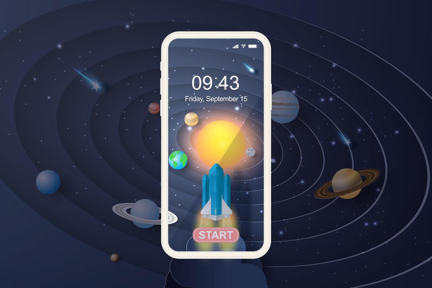 3D-papperskonst av smartphone eller mobil med startraketstart för solsystemet circle.galaxy rymdutforskning med satellit och planeter koncept på pastellfärgad bakgrund vektor.illustration vektor