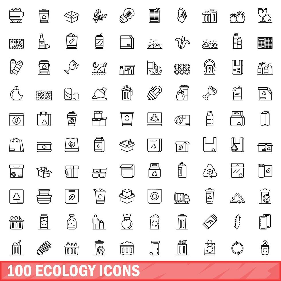 100 Ökologie-Icons gesetzt, Umrissstil vektor