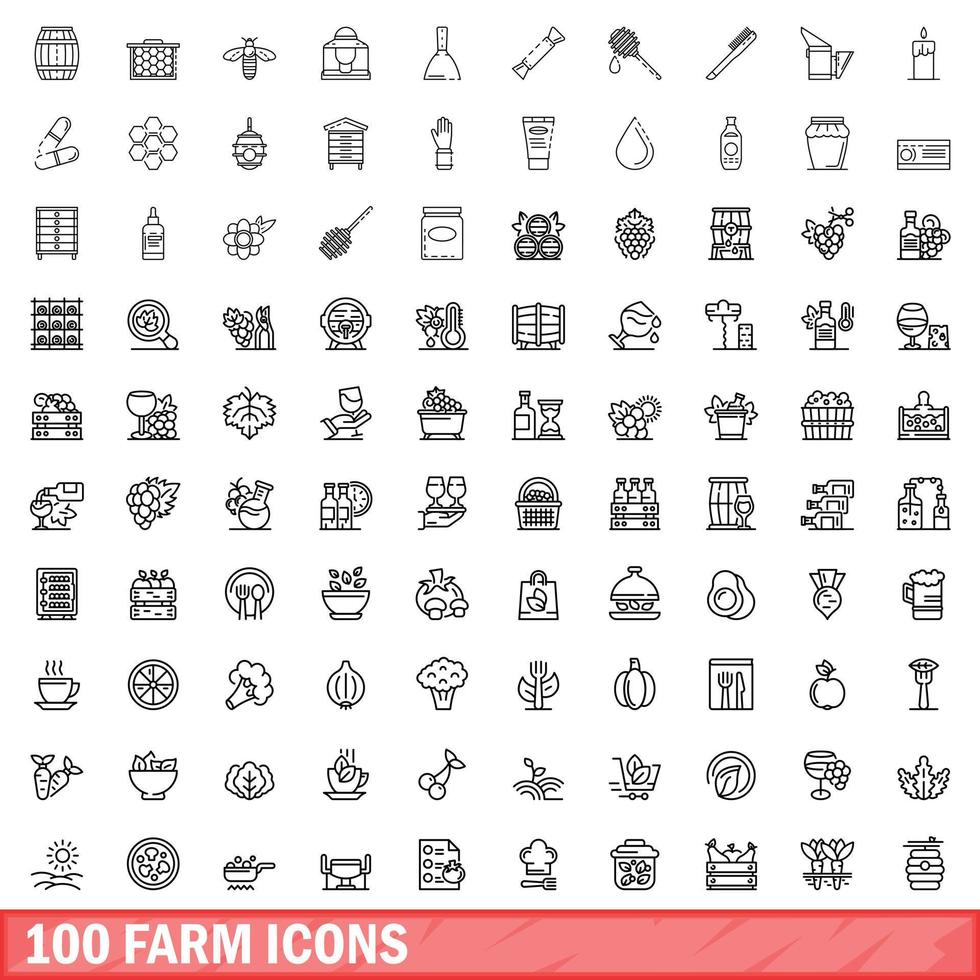 100 Farm-Icons gesetzt, Umrissstil vektor