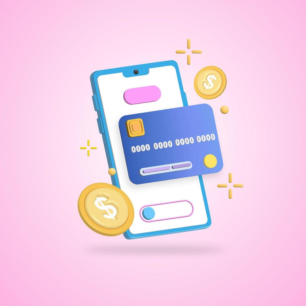 3D finanskoncept med mobil bank, kreditkort och mynt vektor ikon