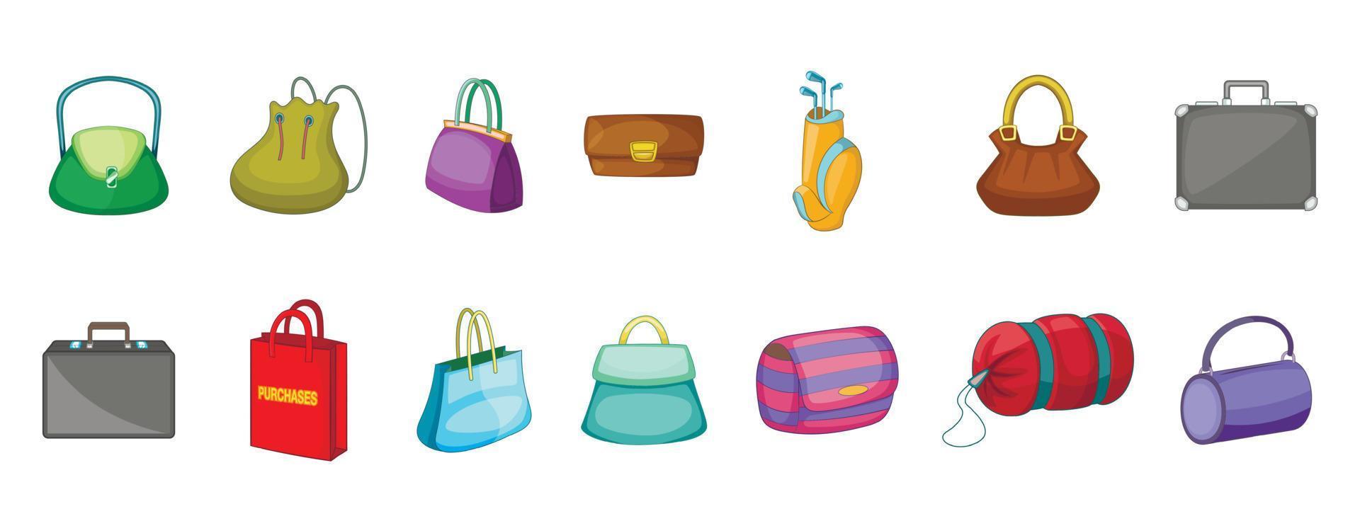 handväska ikonuppsättning, tecknad stil vektor