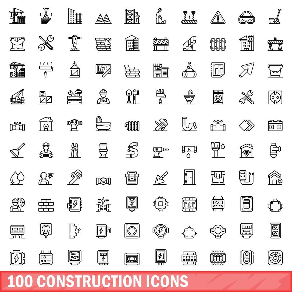 100 konstruktion ikoner set, konturstil vektor