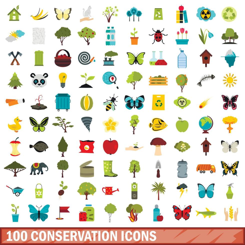 100 bevarande ikoner set, platt stil vektor