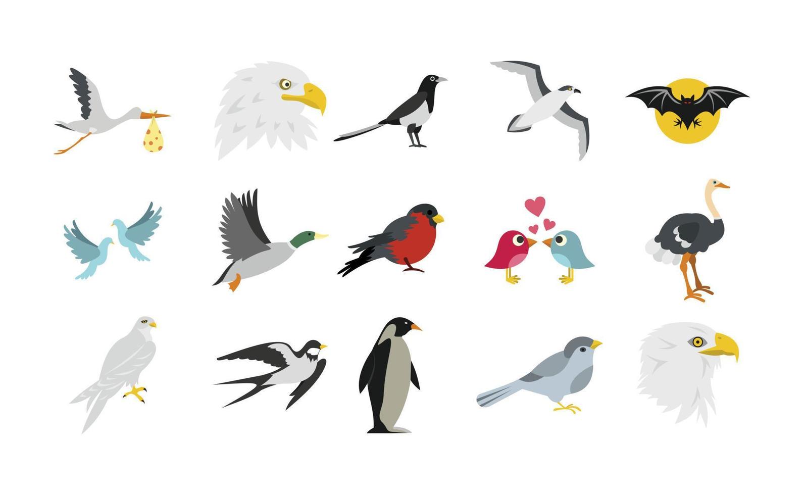 Vögel-Icon-Set, flacher Stil vektor