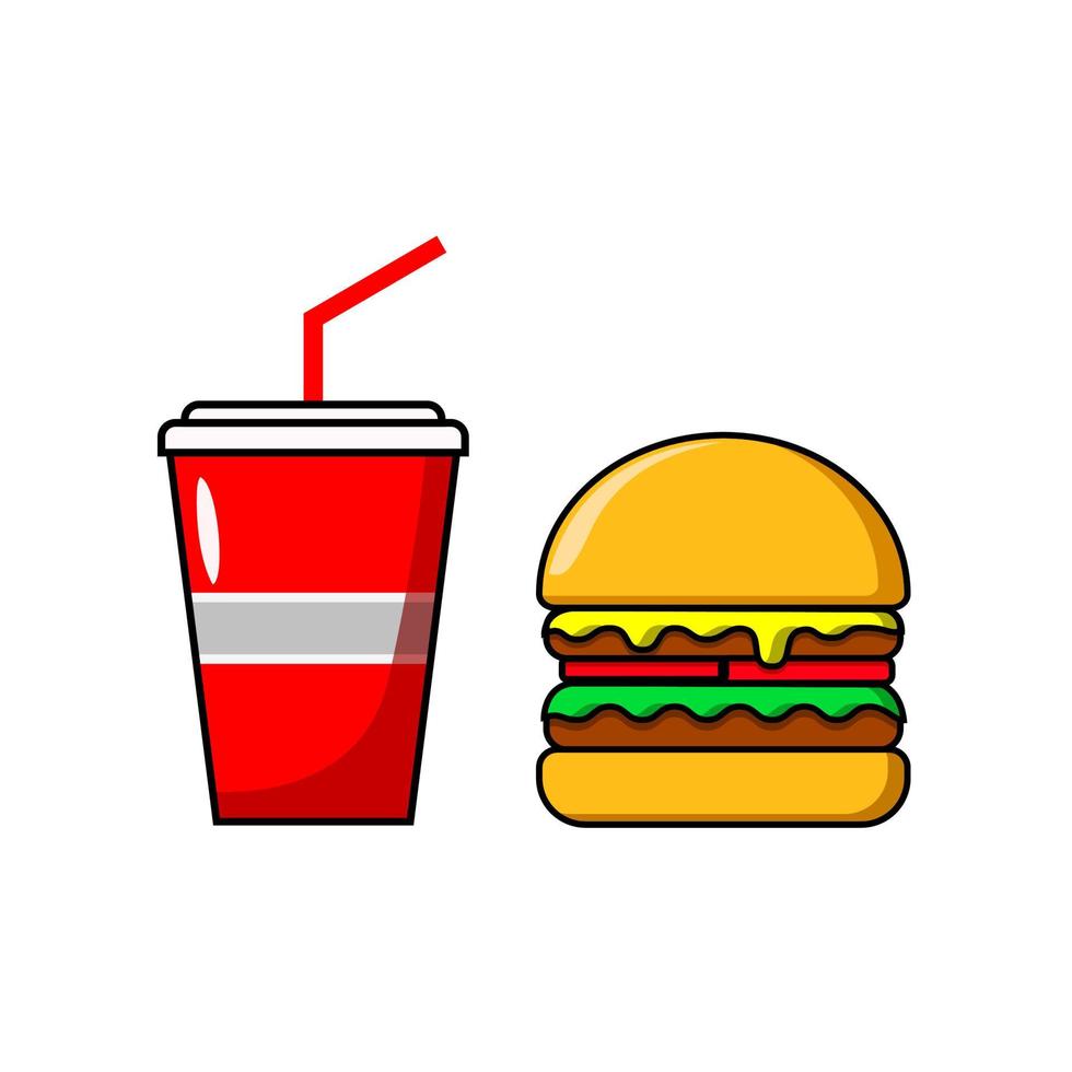 dryck och hamburgare vektor med kött sallad tomat och ost vektor illustration