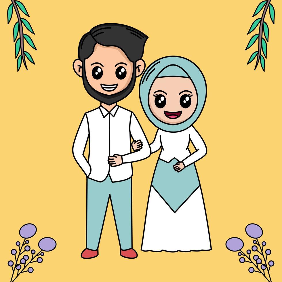 vektorillustration der karikaturhochzeit mit pflanzen- und blumenthema vektor