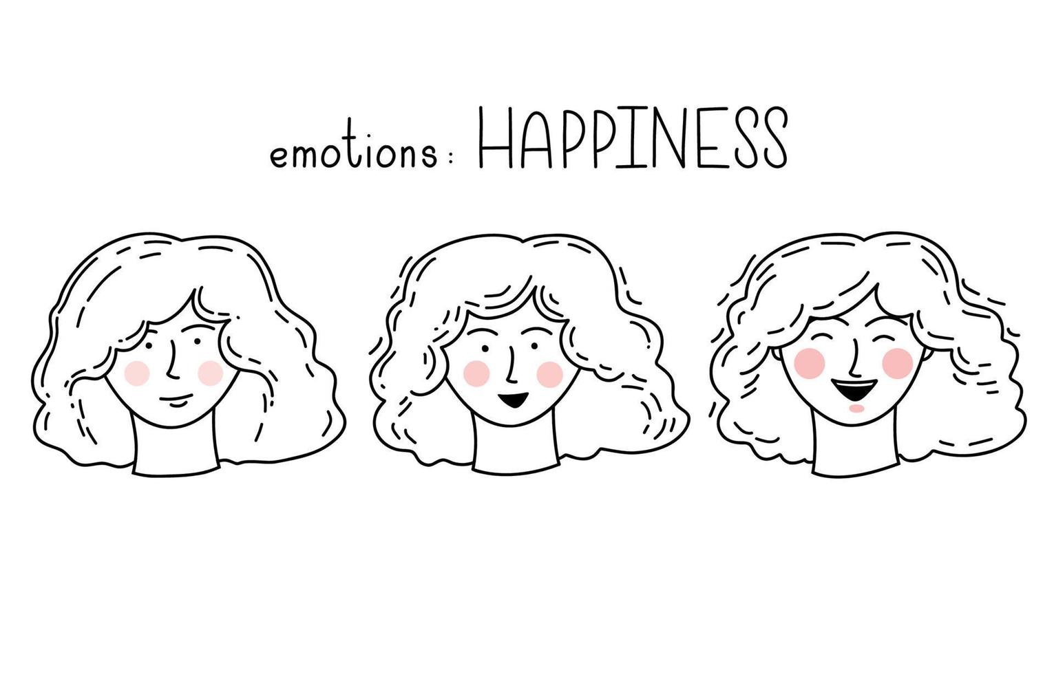 handritade doodle vektor set med flickans ansikten med olika känslor av lycka